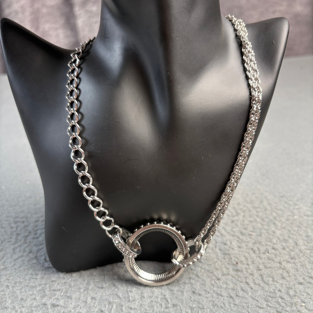 Silver Tone Mixed Chain Rhinestone Circle Pendant Statement Necklace 22 Inch